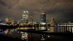 Milwaukee, WI skyline at night as viewed from the water.