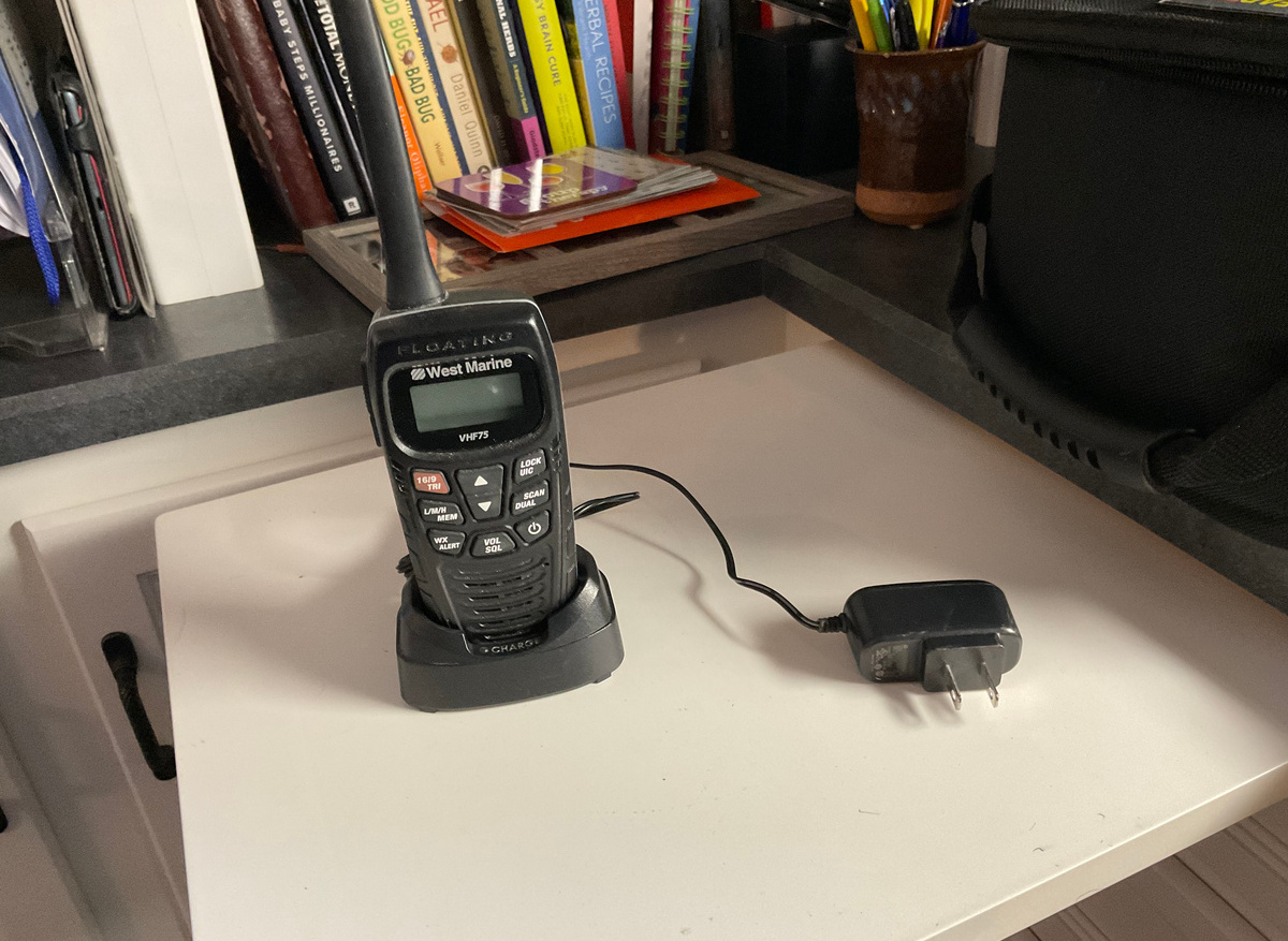 Image of 2 portable West Marine VHF75 handheld radios