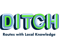 The word Ditch in green stripes with the words "routes with local knowledge"